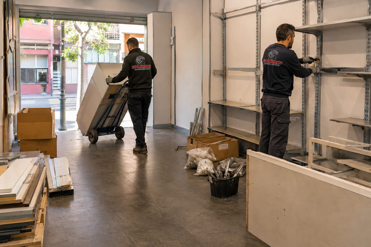 Operarios de Soliman retirando mobiliario y estanterías de un local comercial antes de su entrega
